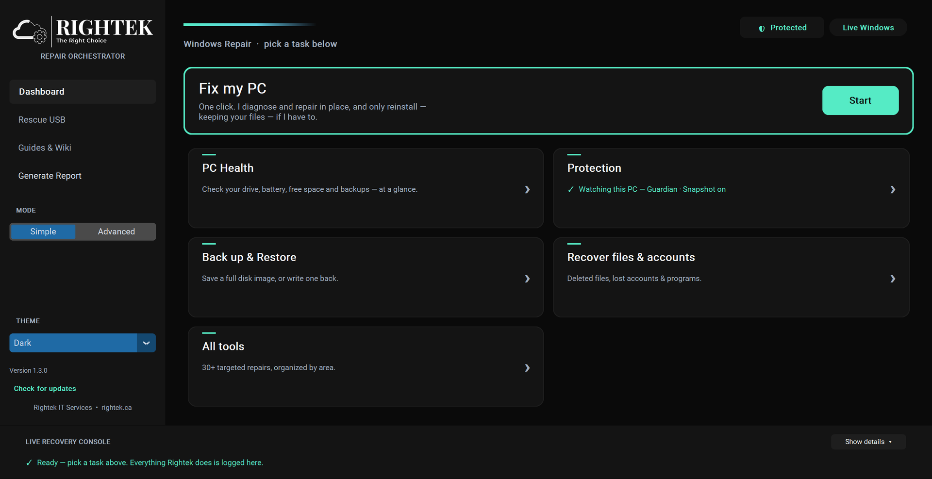 Rightek Rescue Command Center: one-click Fix my PC, PC Health, and Back up & Restore